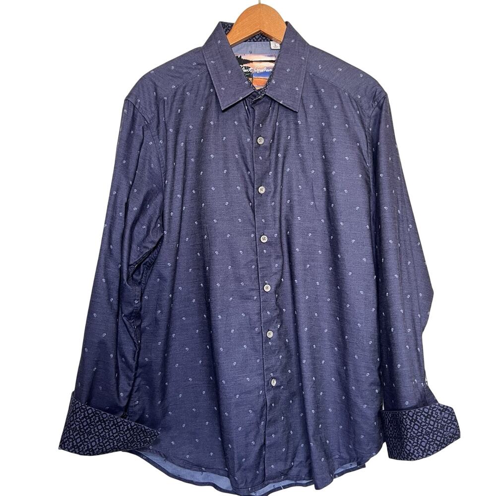 Robert Graham Dress Shirt Men Size L Blue Classic Fit Button Statement Flip Cuff